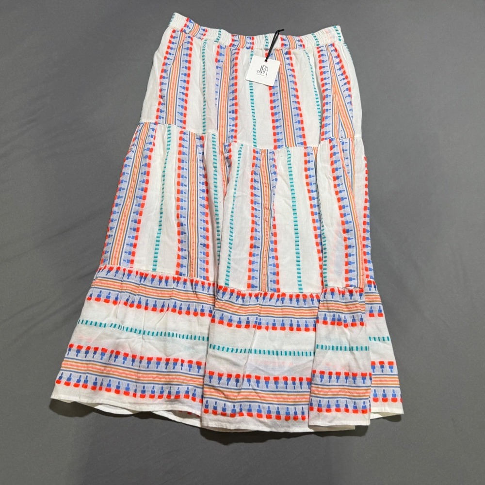 dRA Los Angeles Tiered Midi Skirt Womens Large White Multi Stripe Cotton B0482H